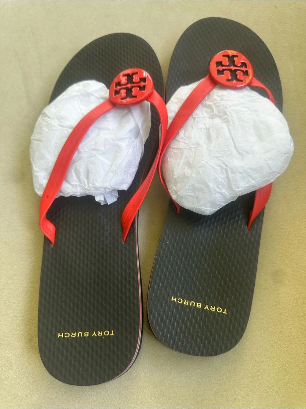 Tory Burch Black and Red Logo Thong Sandals